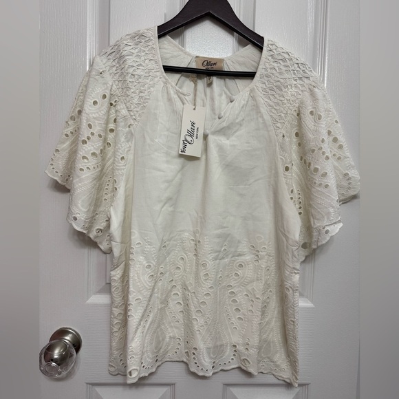 Ollari New York White Eyelet Boho BlouseSmocked Cotton TopSize LNWT